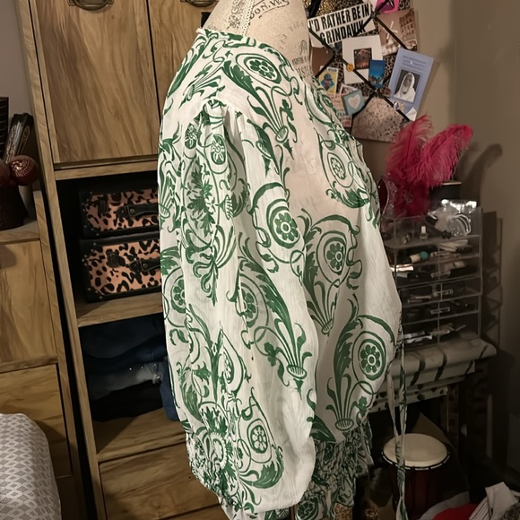 Sheer Ashley Steward Green & White Printed Blouse - 1X - Picture 2 of 4
